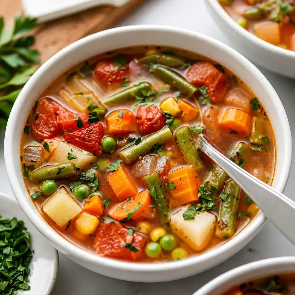 A bowl of healthy vegetable soup topped with fresh herbs and colorful veggies