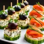 Easy Feta Cucumber Bites topped with whipped feta and fresh herbs on a serving platter.