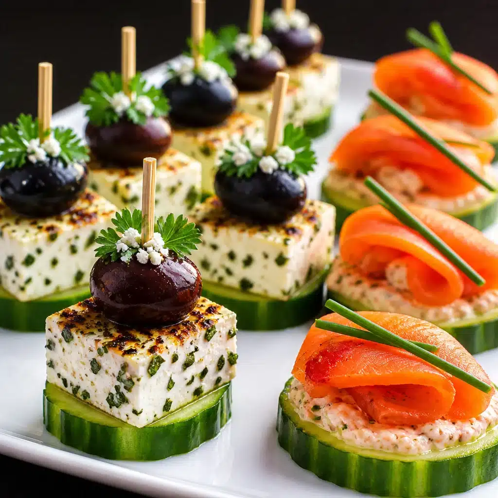 Easy Feta Cucumber Bites topped with whipped feta and fresh herbs on a serving platter.