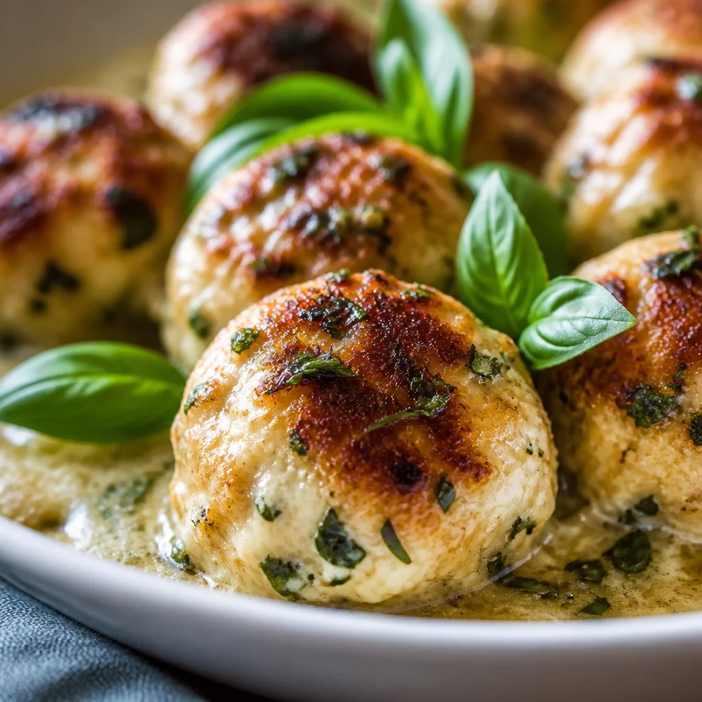 Delicious Baked Chicken Ricotta Meatballs served with creamy spinach Alfredo sauce.