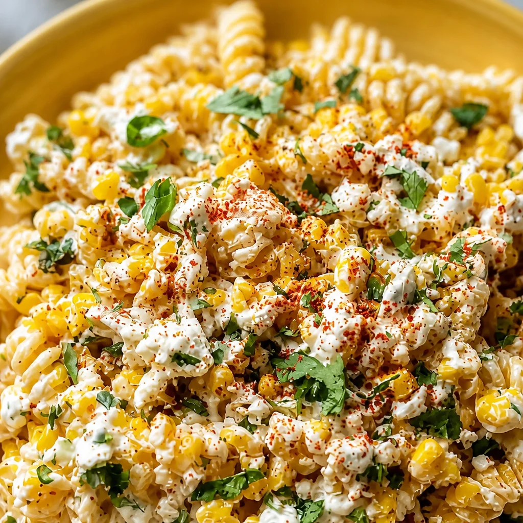 Delicious Grilled Corn Elote Pasta Salad made with Greek yogurt and fresh ingredients.