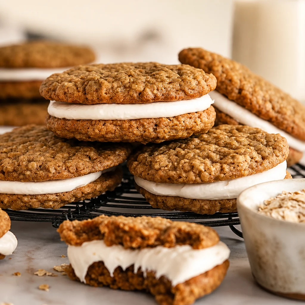 Delicious homemade oatmeal cream pies with soft cookies and creamy filling.