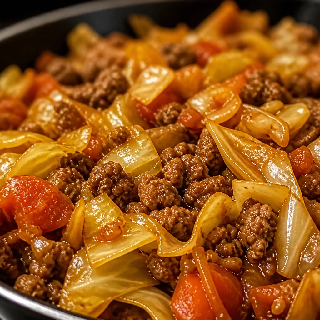 Delicious Cabbage and Ground Beef Recipe in a skillet with vegetables.