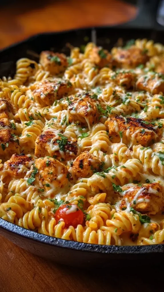 One pot Cajun Pasta Skillet With Chicken, creamy sauce, spices, and colorful ingredients.
