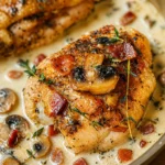 Creamy Bacon Mushroom Chicken Thighs served with herbs in a skillet.