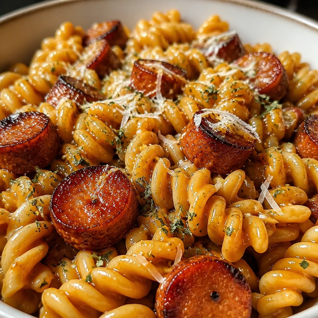 One-Pot Honey BBQ Sausage Pasta with smoked sausage and rotini in BBQ sauce