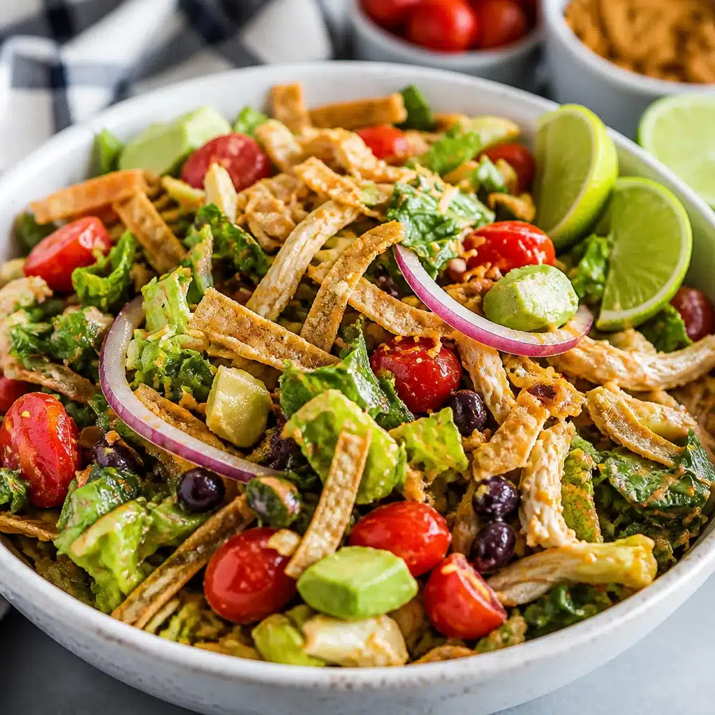Colorful Taco Chicken Salad with chicken, veggies, and toppings in a bowl