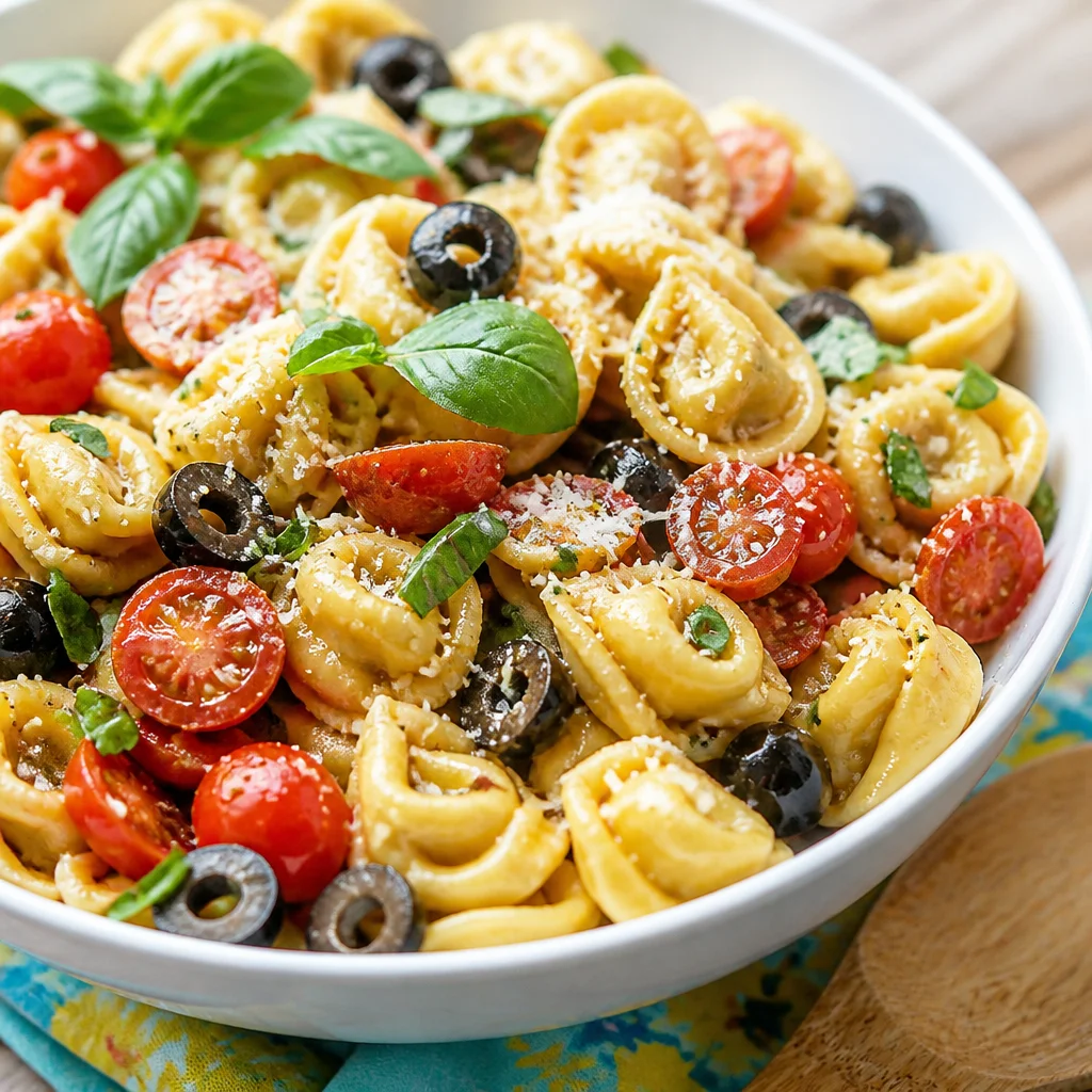 Simple cold tortellini pasta salad featuring cheese tortellini, veggies, and Italian dressing