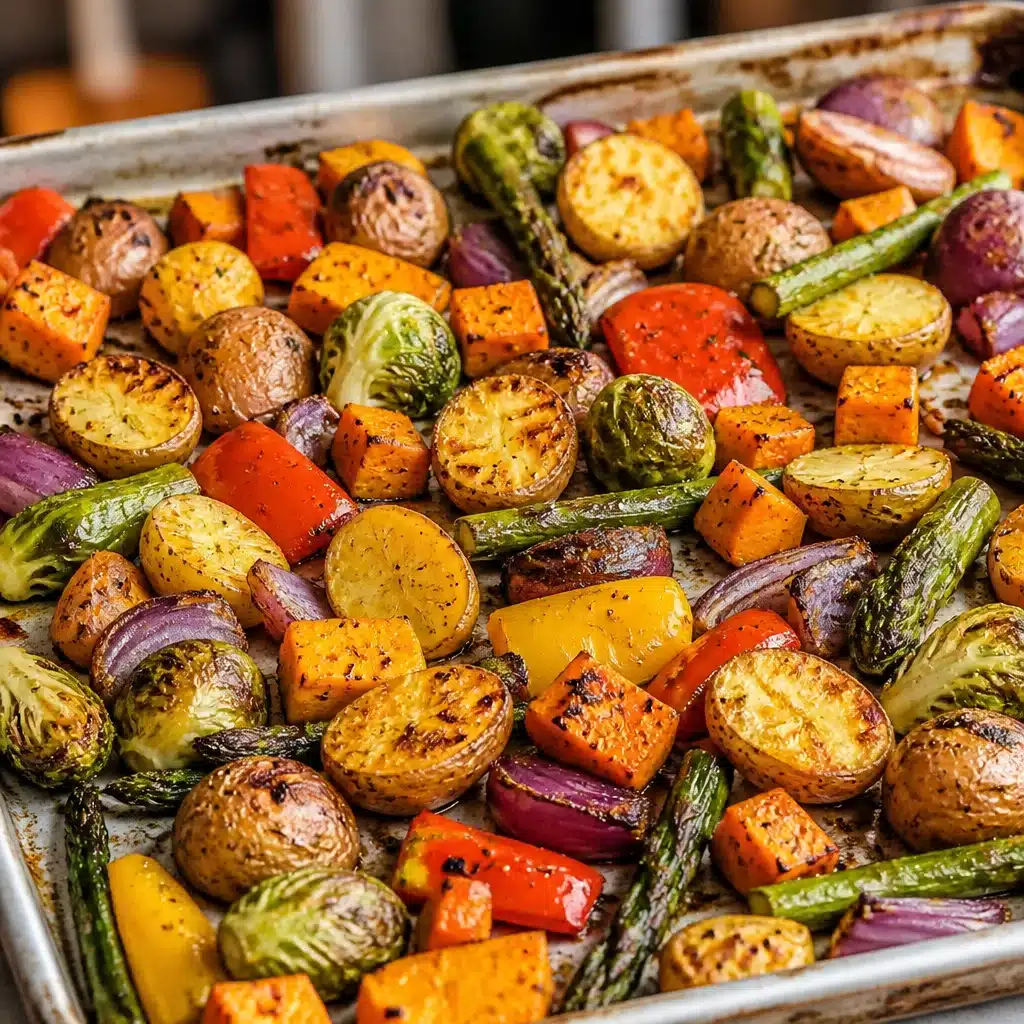 Colorful roasted vegetables in a tray ready to serve.