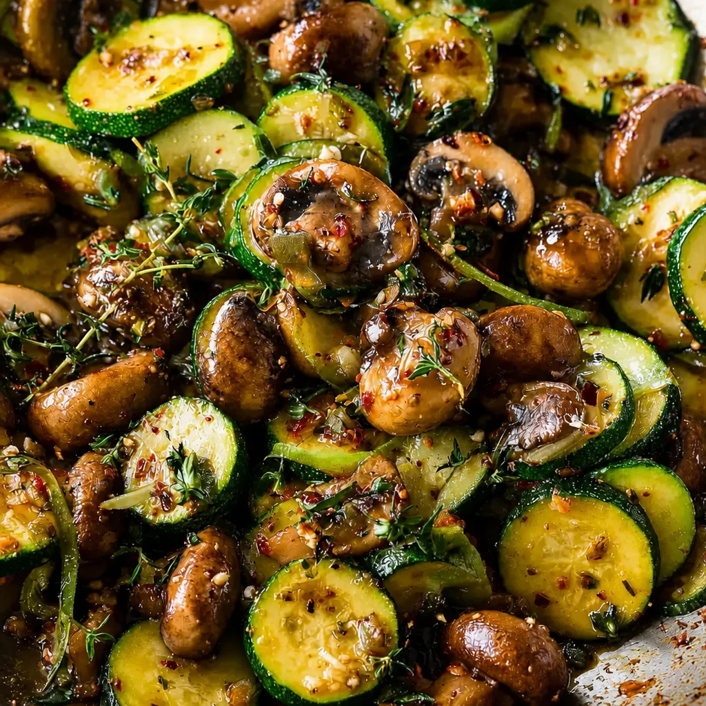 Sautéed zucchini and mushrooms in a skillet, delicious healthy side dish.