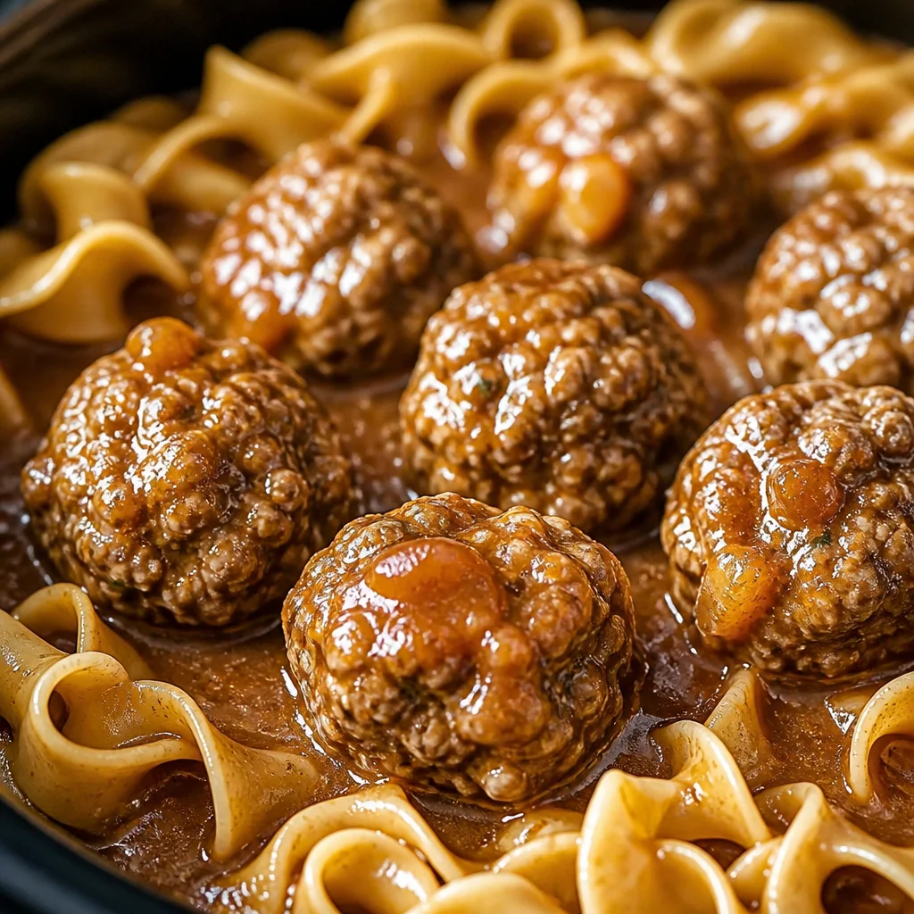 A delicious bowl of Slow Cooker Amish Meatball Noodles served with egg noodles.