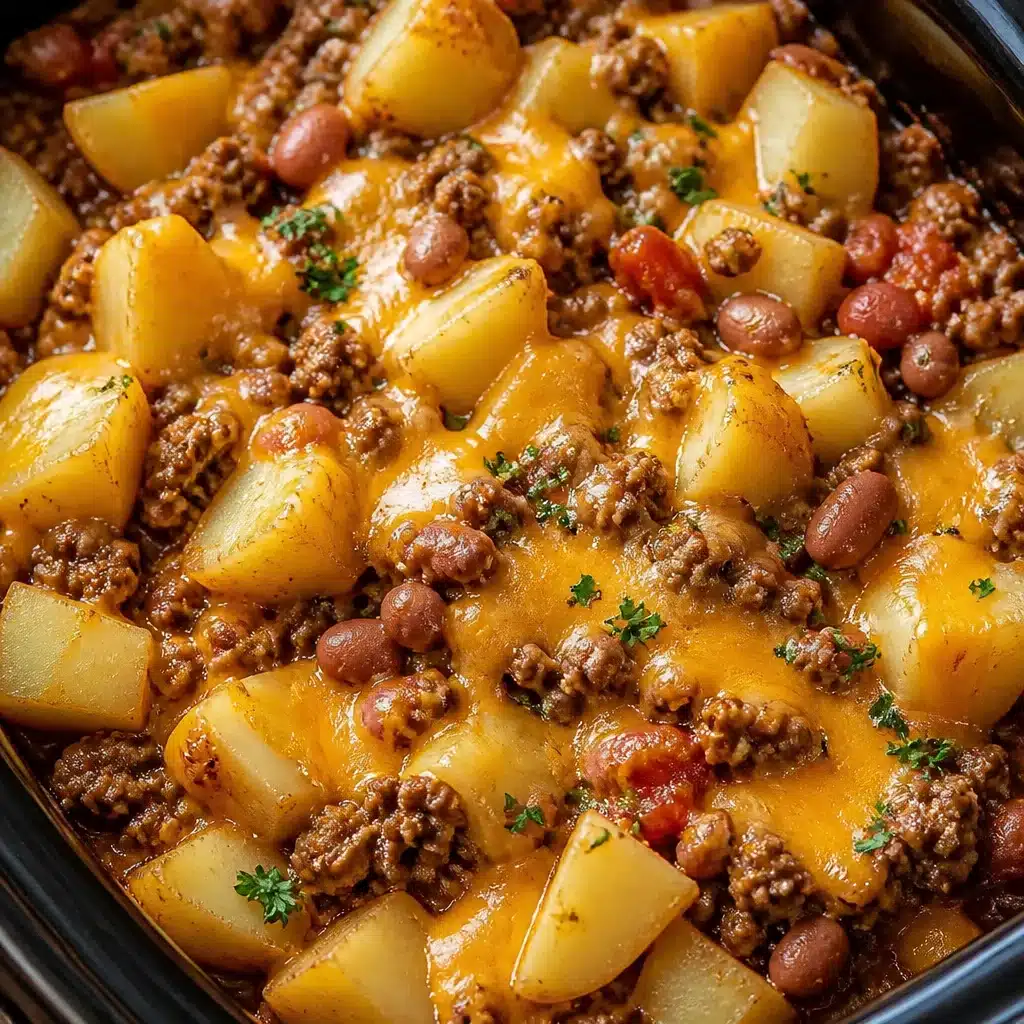 Delicious Slow Cooker Cowboy Casserole with beef, cheese, and potatoes in a warm bowl.