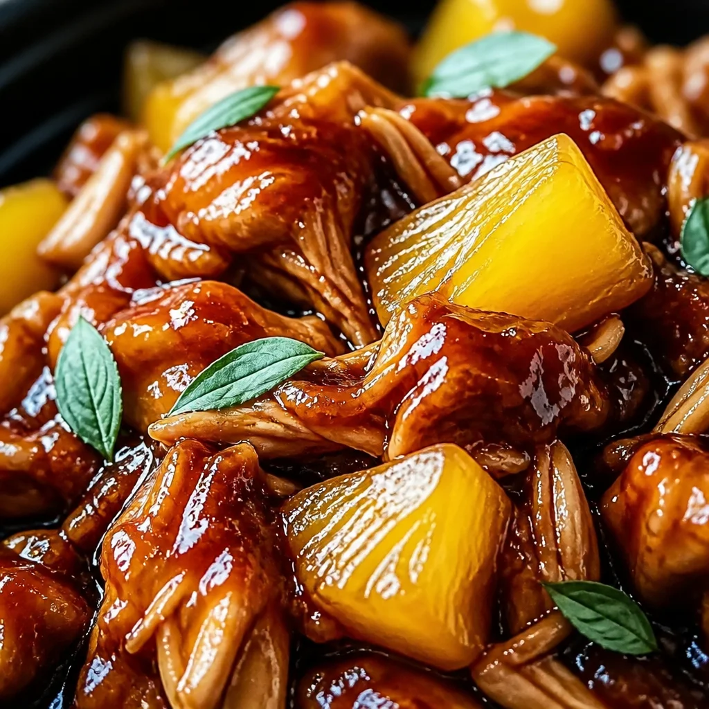 Hawaiian Crockpot Chicken with pineapple, soy sauce, and bell pepper in a crockpot.