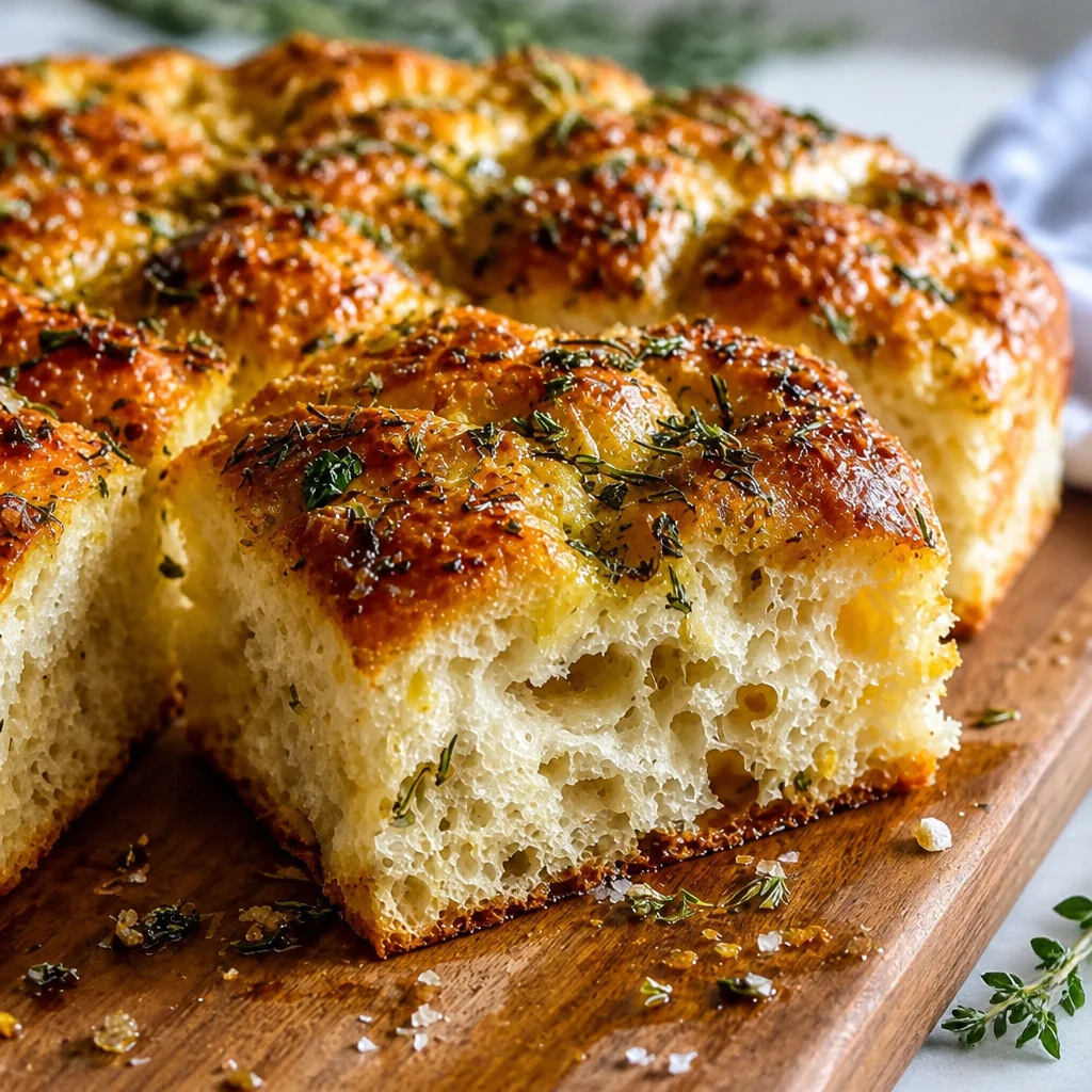 Crispy Sourdough Discard Garlic Herb Focaccia Bread freshly baked with golden edges.