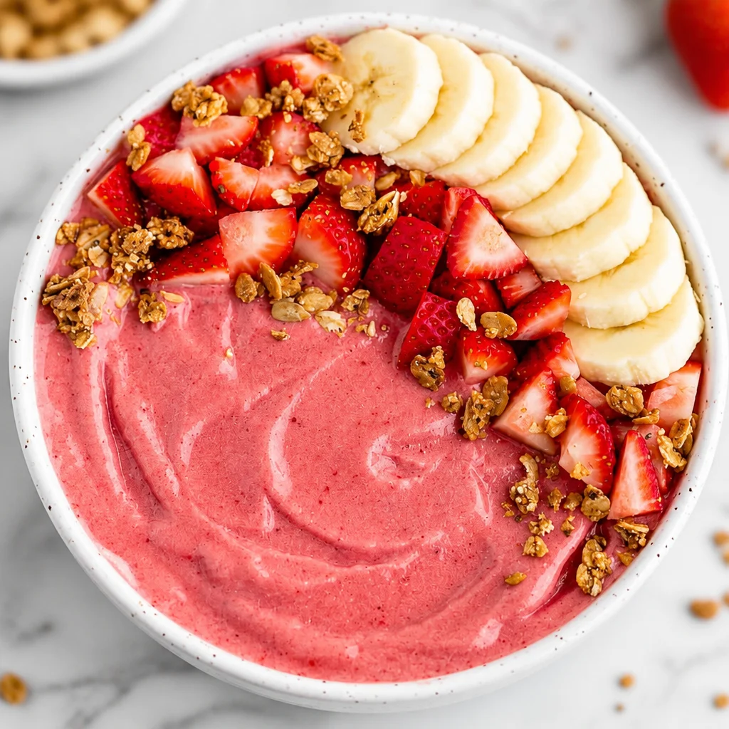Delicious Strawberry Banana Smoothie Bowl topped with fresh fruits and granola