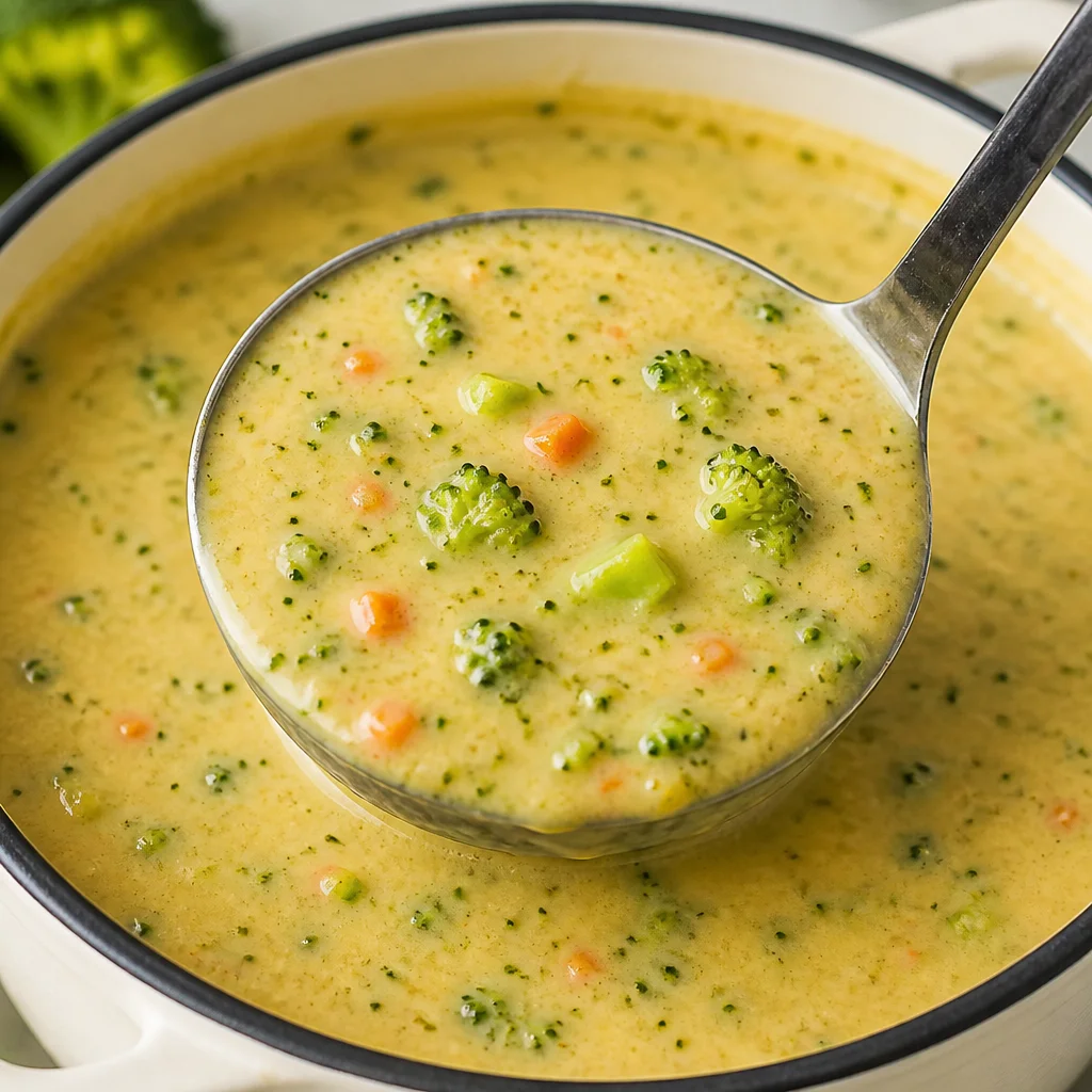 Creamy High Protein Broccoli Cheddar Soup with vegetables and cheese in a bowl.