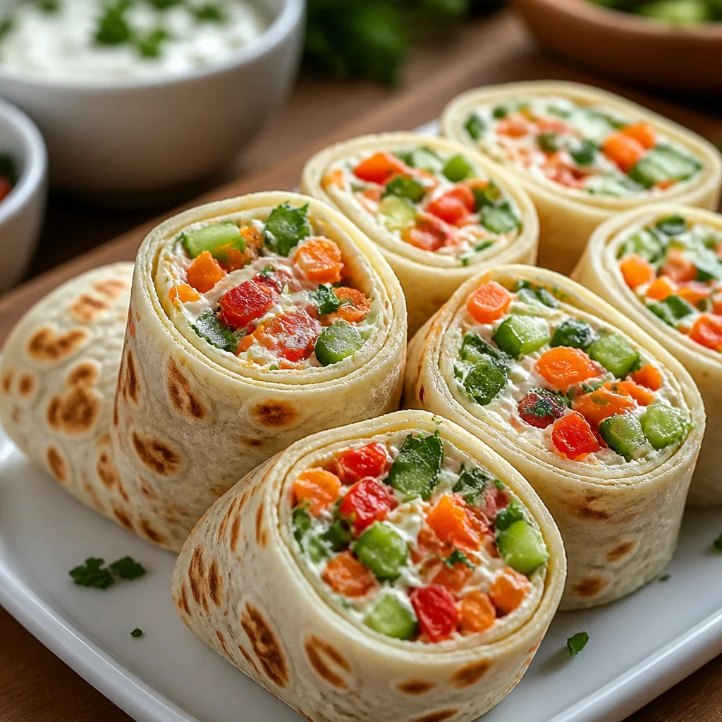 Vegetable Tortilla Roll Ups with fresh veggies and cream cheese filling