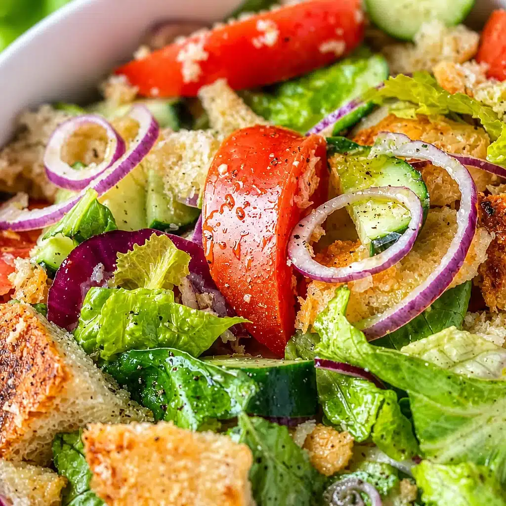 A colorful bowl of panzanella salad with tomatoes, bread, and fresh basil.