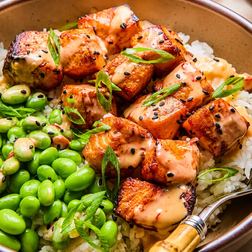 Delicious Air Fryer Salmon Bites marinated in savory sweet soy sauce, crispy and tender.