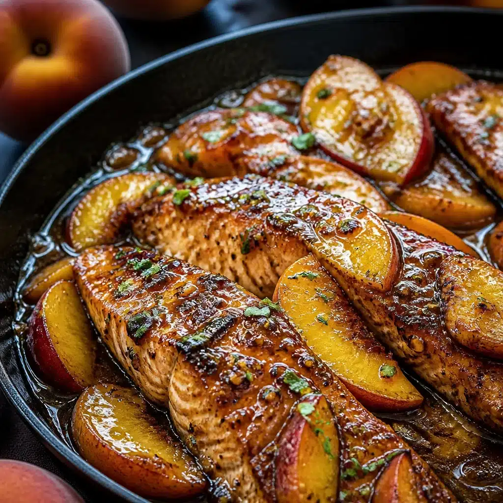 Bourbon Peach Salmon fillets drizzled with a sweet bourbon peach glaze and garnished with fresh peaches.