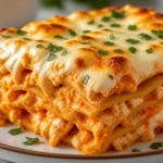 Delicious Buffalo Chicken Lasagna topped with cheese and buffalo sauce