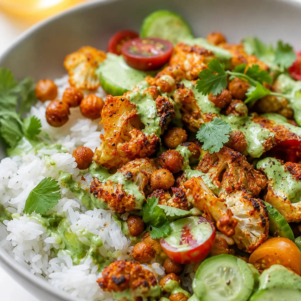 Colorful Cauliflower Shawarma Bowls with roasted cauliflower, chickpeas, and fresh veggies.