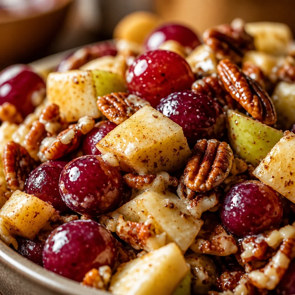 Cinnamon Apple Grape Salad with creamy yogurt dressing and crunchy pecans.
