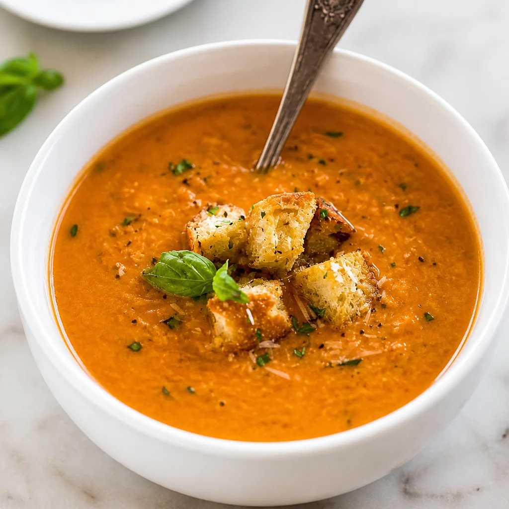 Bowl of creamy Tomato Basil Soup made with fresh roasted tomatoes and basil