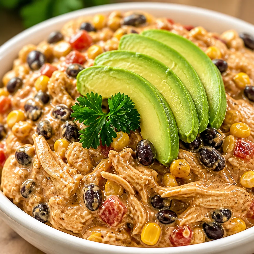 Crock Pot Fiesta Chicken served with rice and garnished with cilantro.