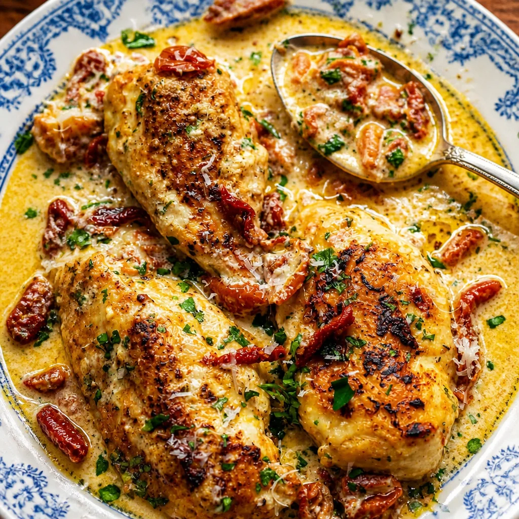 Creamy Marry Me Chicken with sun-dried tomatoes and garlic sauce.