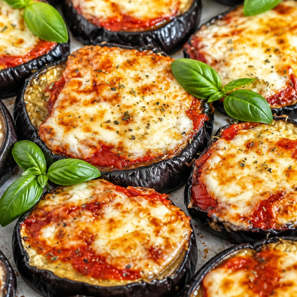 Low-carb Eggplant Pizza topped with mozzarella, tomatoes, and herbs, ready in 30 minutes.