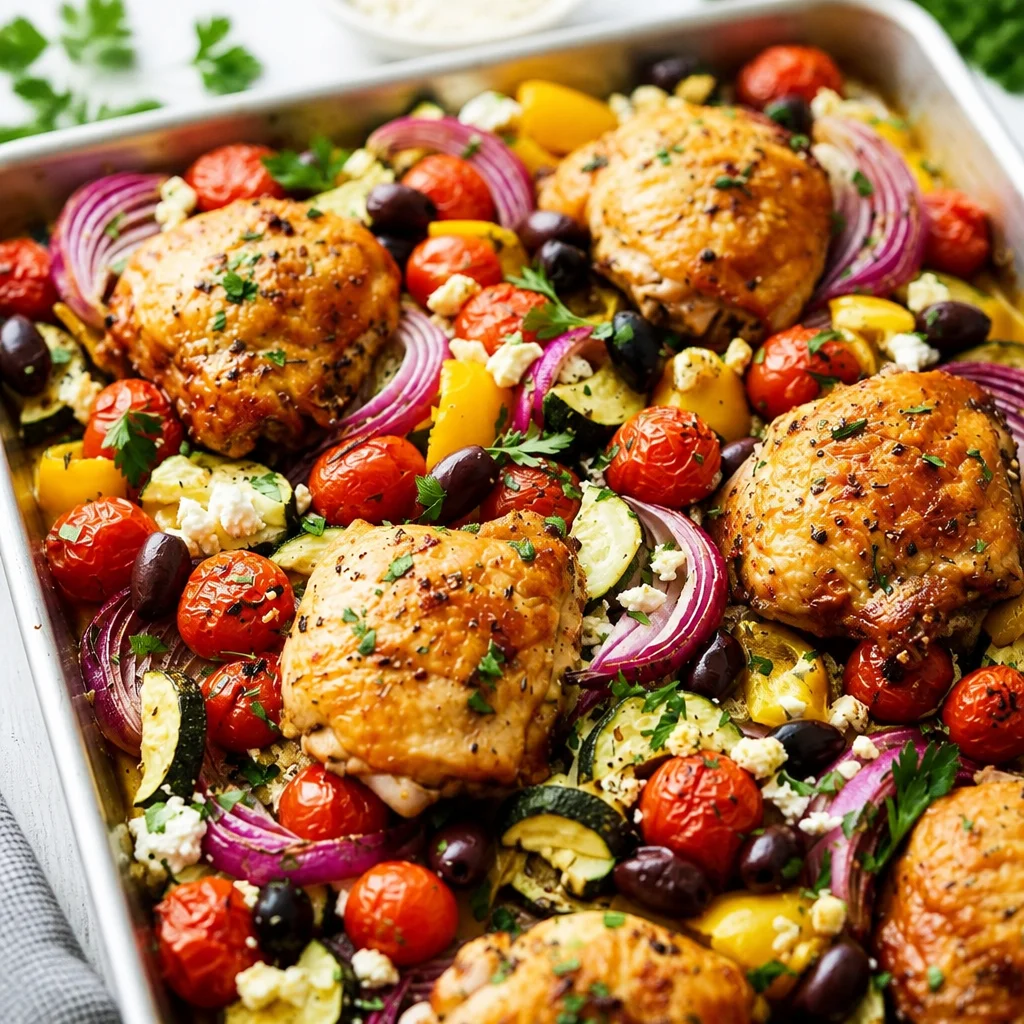 Delicious Greek Sheet Pan Chicken with roasted vegetables and creamy feta sauce.