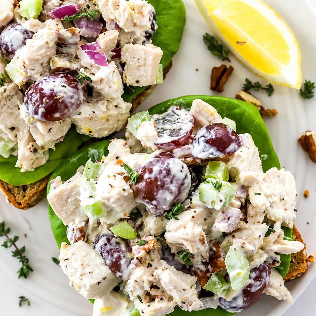 Healthy chicken salad with Greek yogurt, grapes, almonds, and fresh vegetables.