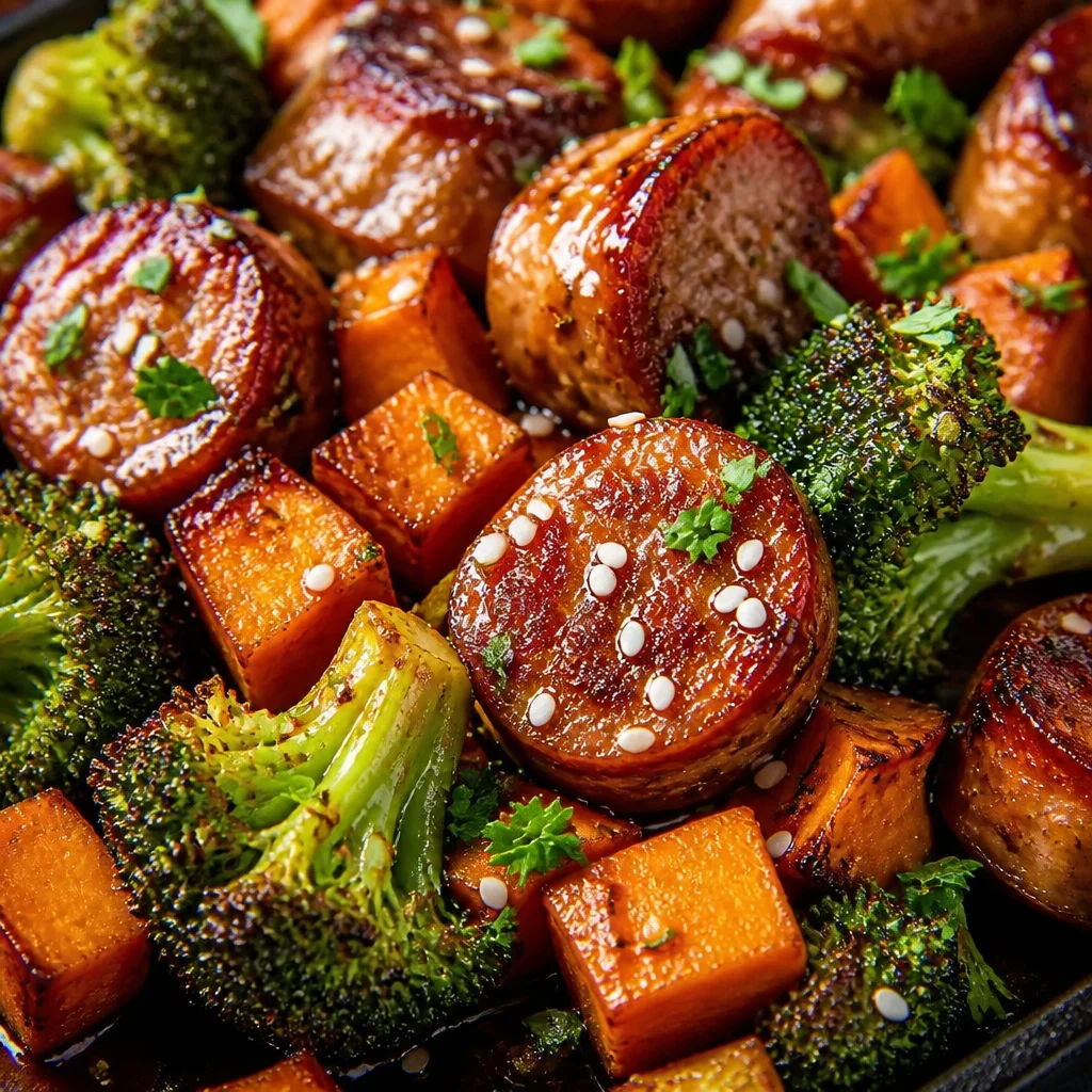 Delicious Honey Garlic Sausage sheet pan meal with roasted veggies.