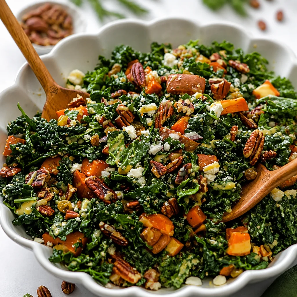 Colorful winter kale salad with pomegranate, butternut squash, and goat cheese.