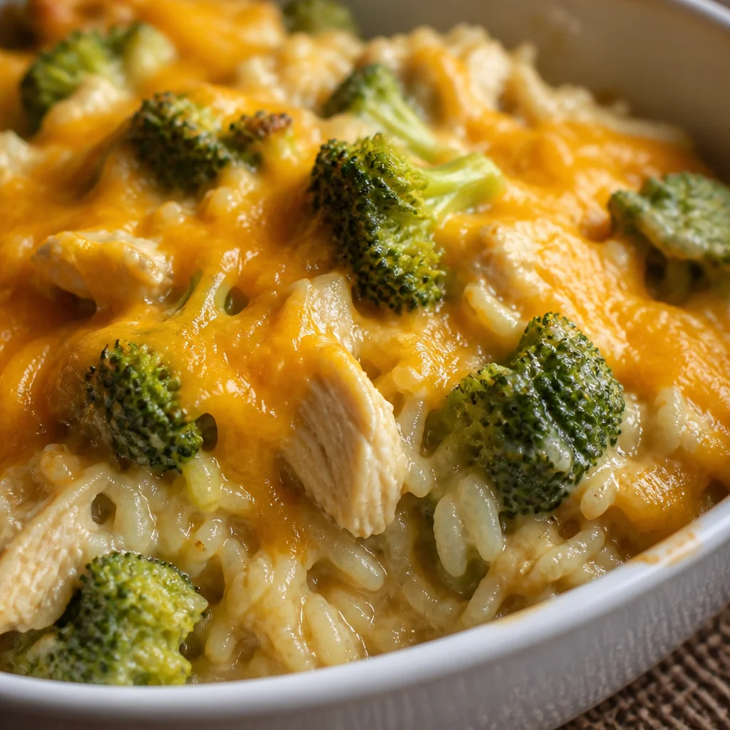 Cheesy Broccoli Chicken and Rice casserole in a skillet, topped with cheese and broccoli.