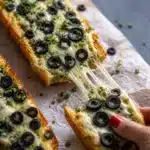 Delicious Olive Garlic Bread topped with cheese and roasted garlic, perfect appetizer.