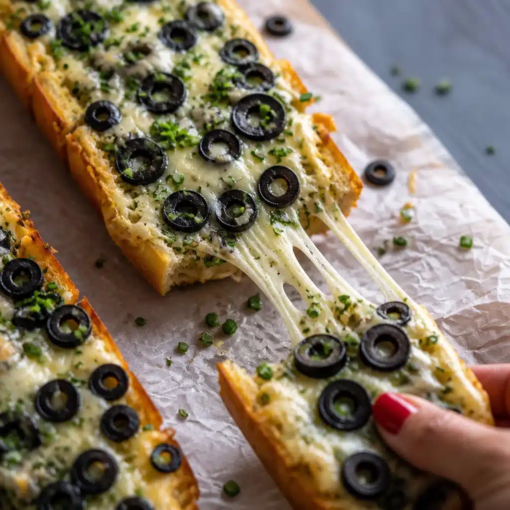 Delicious Olive Garlic Bread topped with cheese and roasted garlic, perfect appetizer.