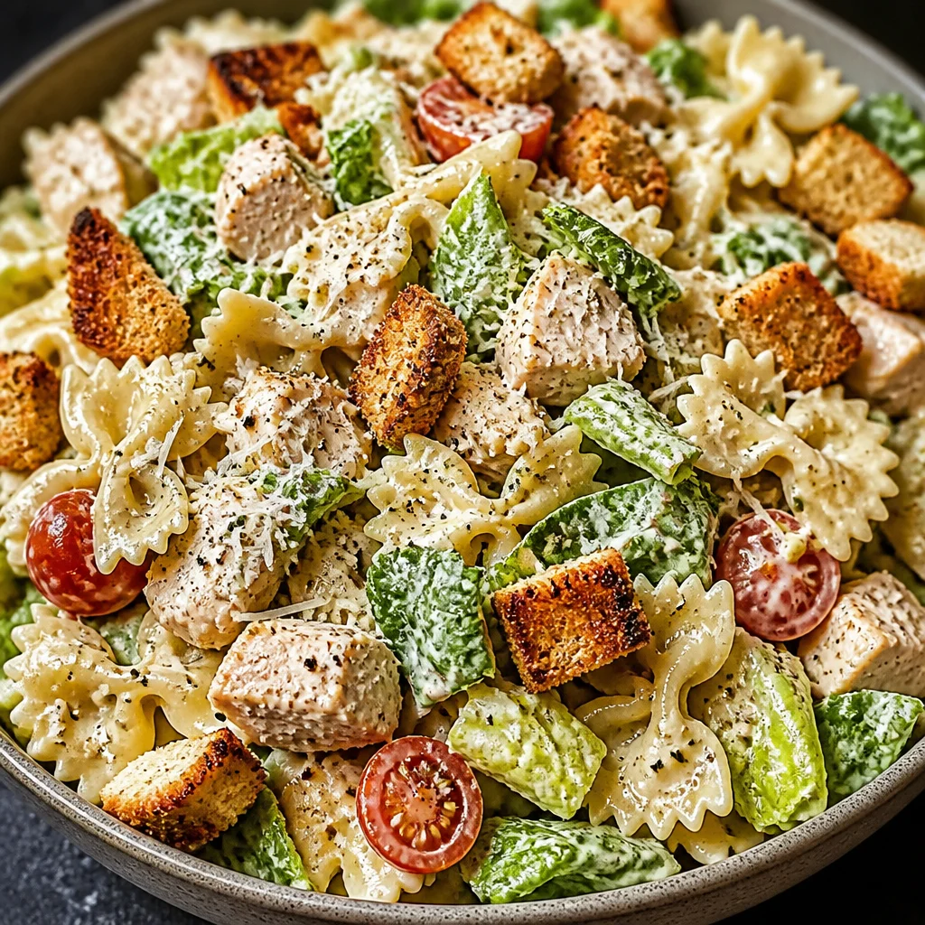 Bowl of Chicken Caesar Pasta Salad with rotini, chicken, romaine, and Caesar dressing