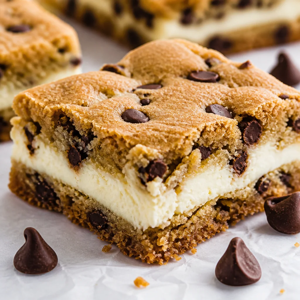 Rich Chip Cheesecake Bars with chocolate chips and creamy cheesecake filling