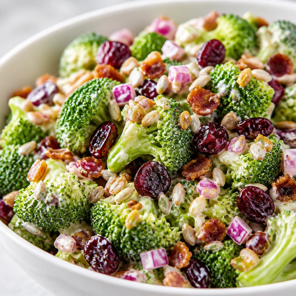 Delicious Broccoli Salad with cranberries, sunflower seeds, and creamy dressing.