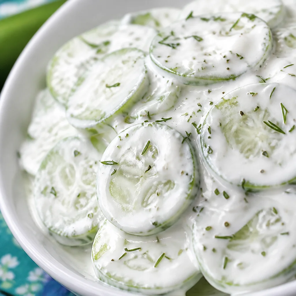 Delicious creamy cucumber salad with fresh cucumbers, dill, and homemade dressing.
