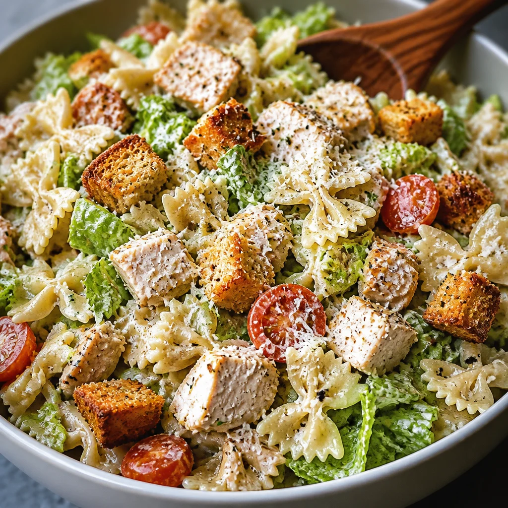 Fresh Chicken Caesar Pasta Salad with grilled chicken, romaine lettuce, and creamy dressing.