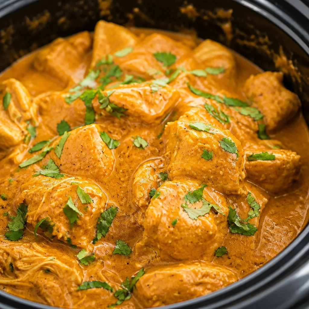 Delicious Slow Cooker Butter Chicken served with rice and naan, rich in flavor and easy to make.