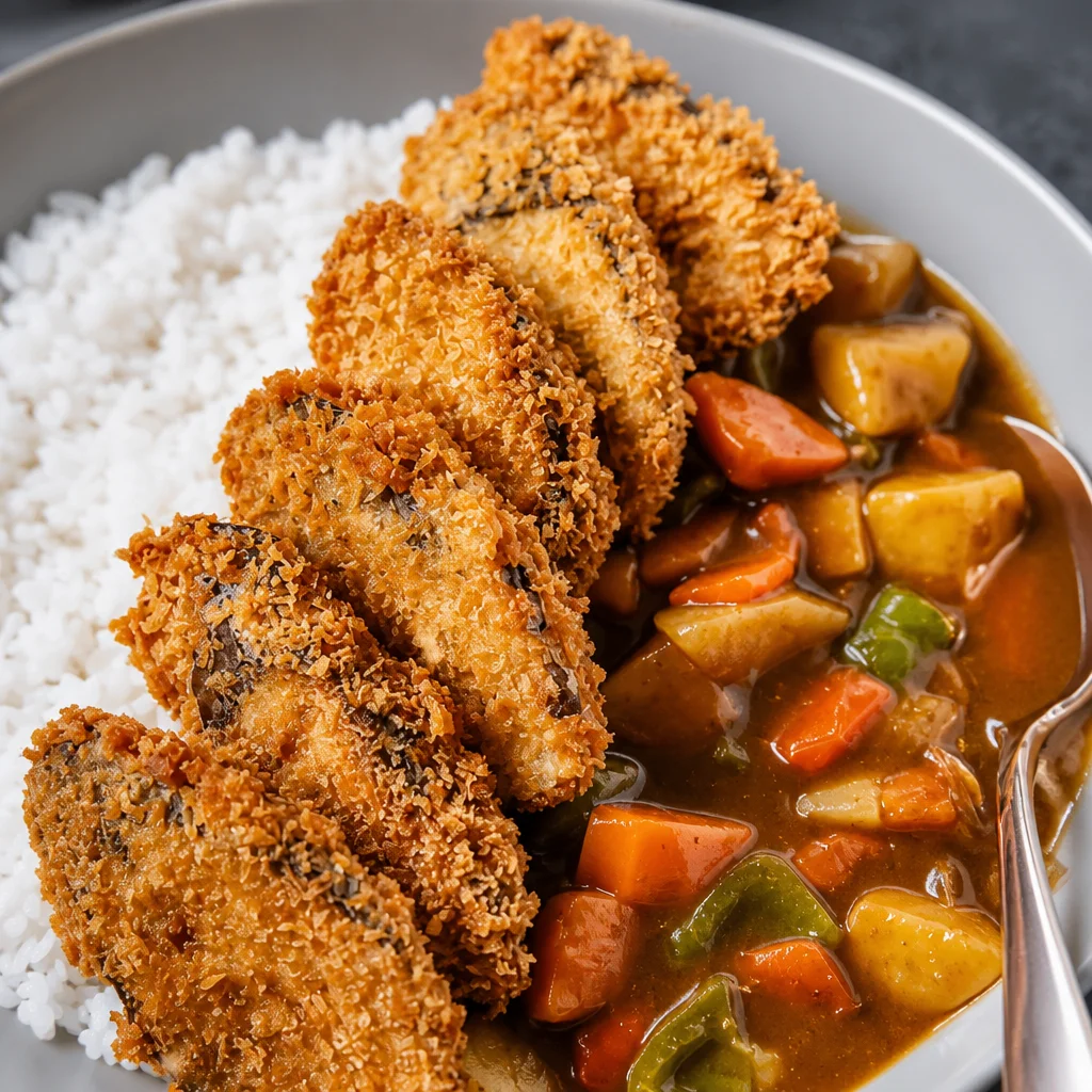 Crispy Eggplant Katsu with panko breadcrumbs served with rich curry sauce.
