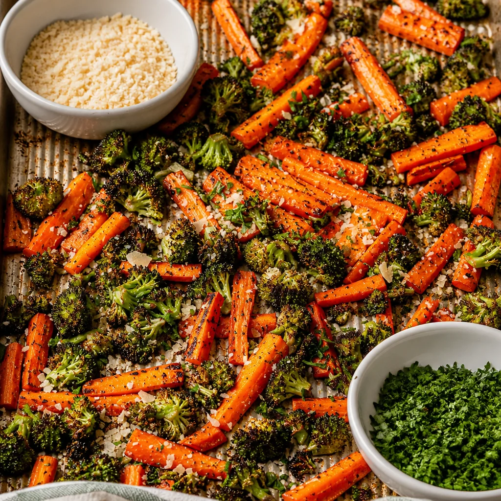 Delicious roasted broccoli and carrots seasoned and ready to serve as a healthy side dish.