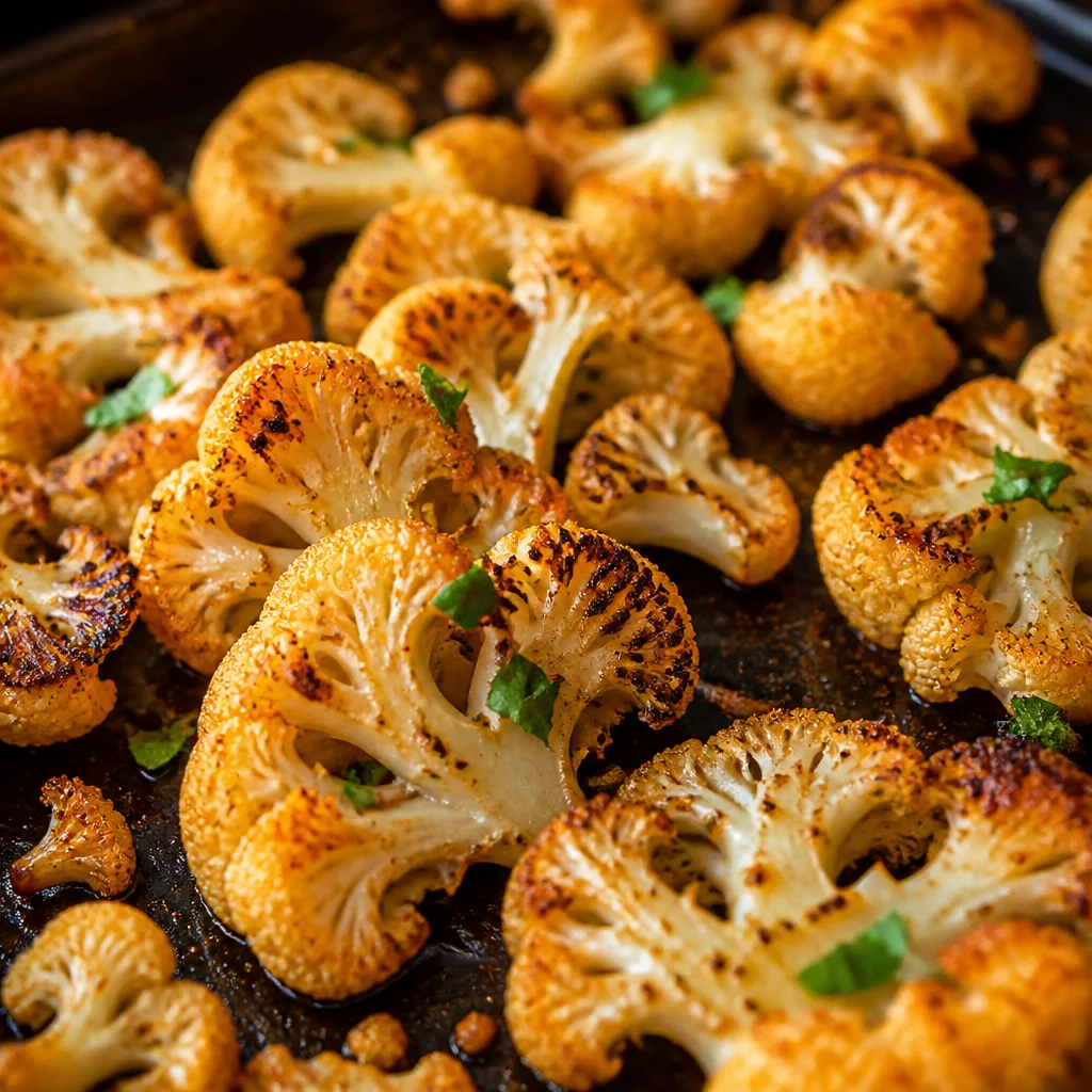 Oven-roasted cauliflower florets seasoned with olive oil and spices on a baking sheet.