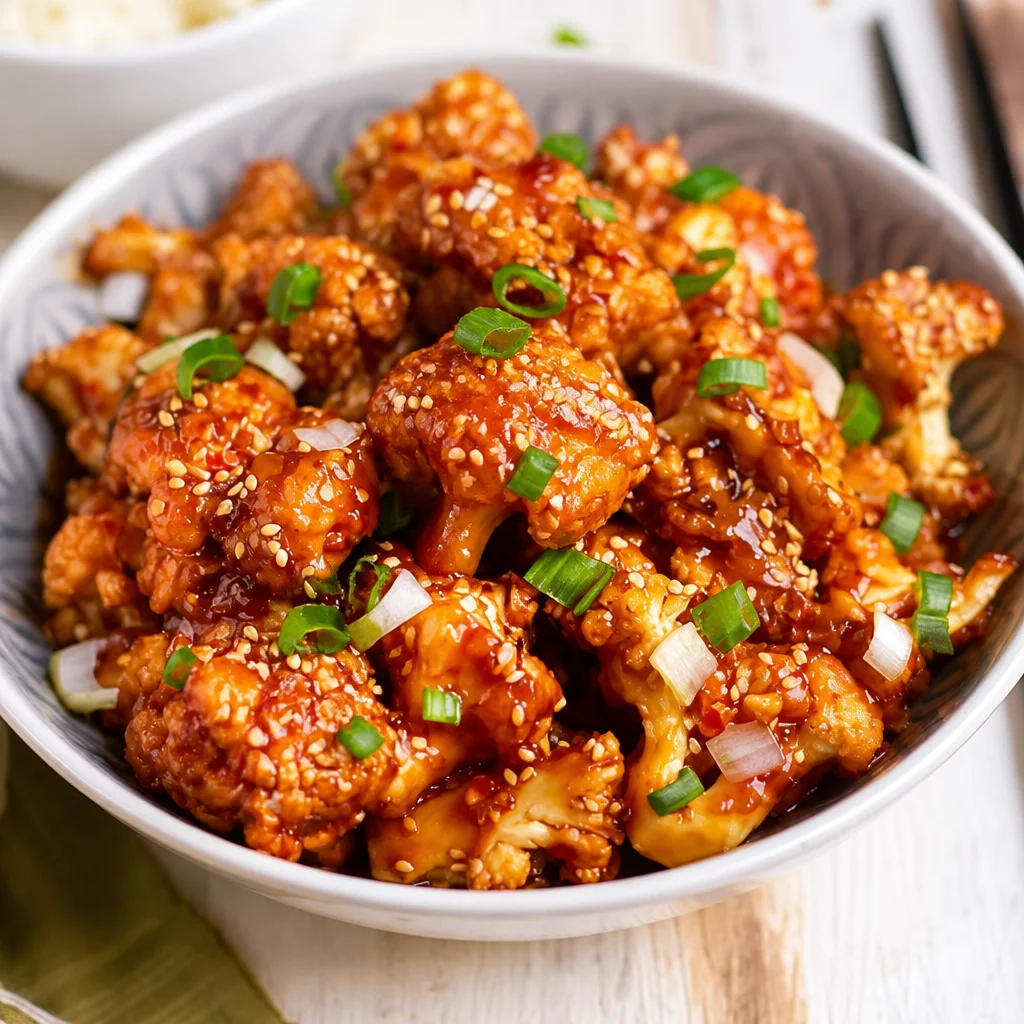Sticky Sesame Cauliflower with a sweet and spicy sesame sauce, gluten-free and vegan.