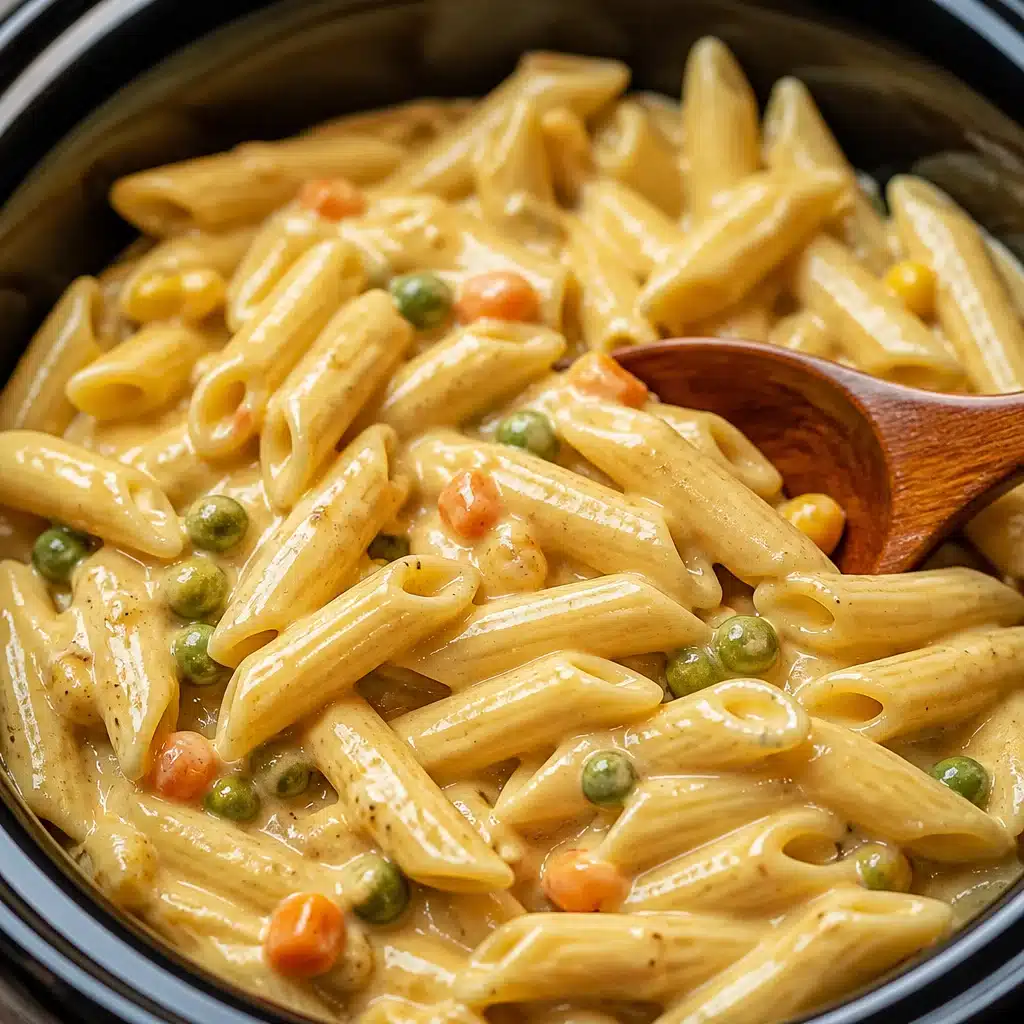 Delicious Chicken Pot Pie Pasta with creamy sauce, chicken, and vegetables served in a bowl.