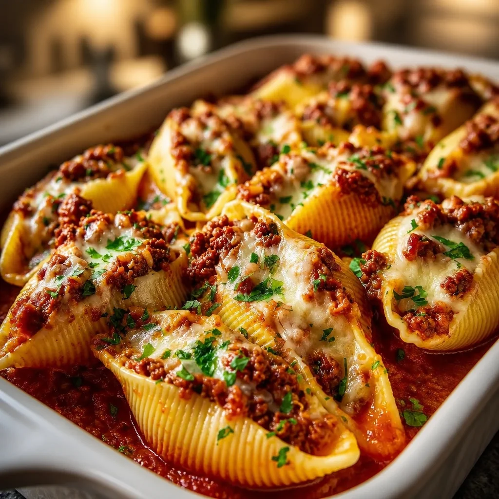 Baked Beef Stuffed Shells packed with ricotta and ground beef in a cheesy sauce.
